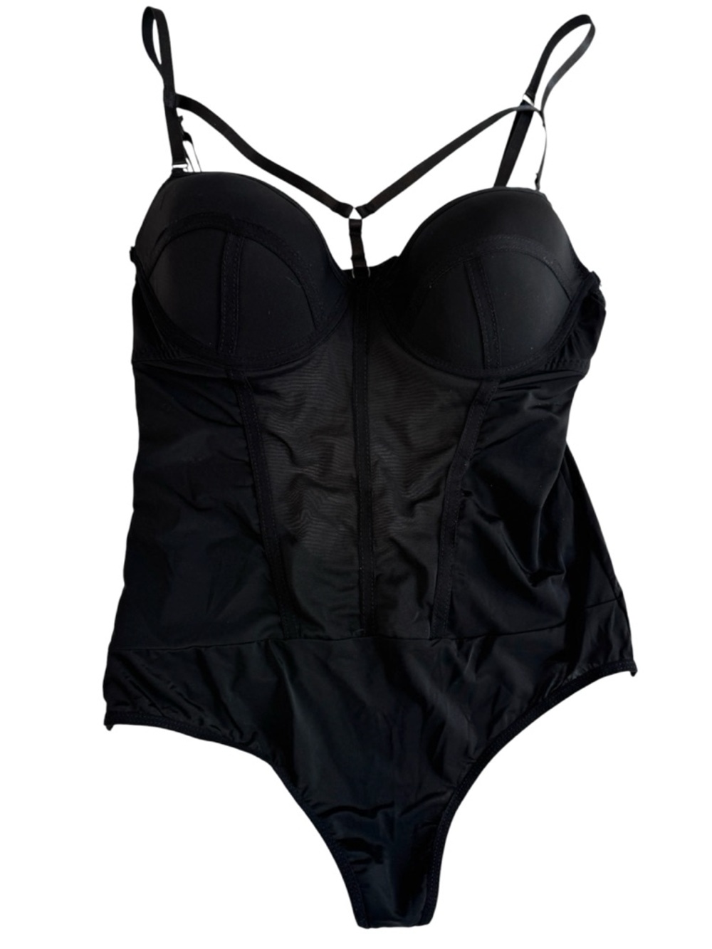 Unbranded Womens Thong Structured Bodysuit Mesh Size L Black Lingerie - Picture 1 of 7